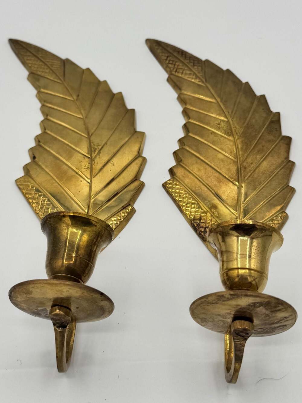 Vintage Gatco Solid Brass Leaf Feather Wall Sconces with candle holder Set of Tw